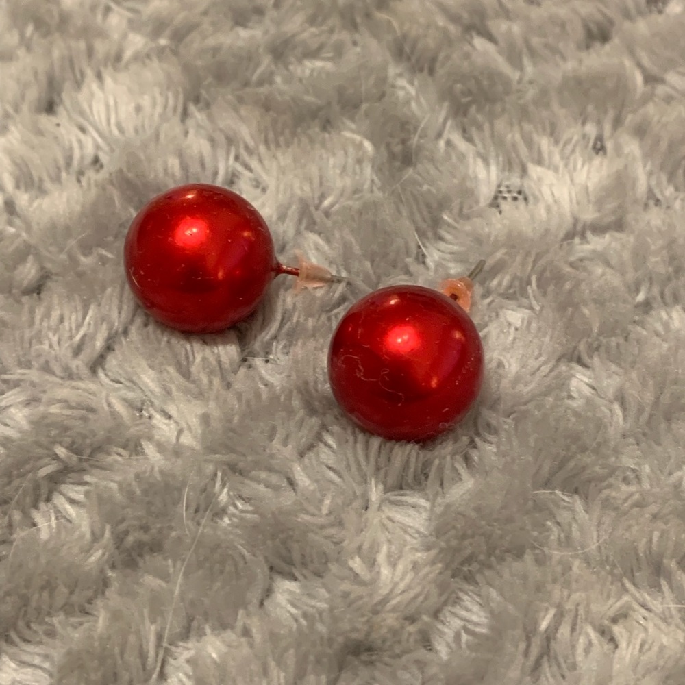 Faux red pear stud earrings
